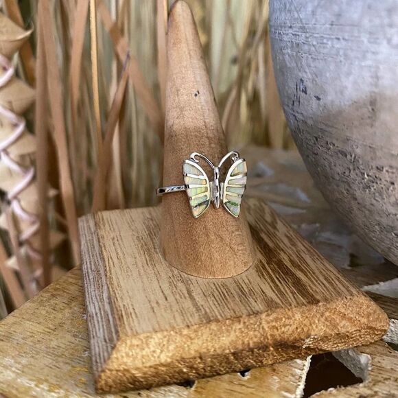 White Opal Butterfly Sterling Silver Ring Size 9 - Picture 3 of 7